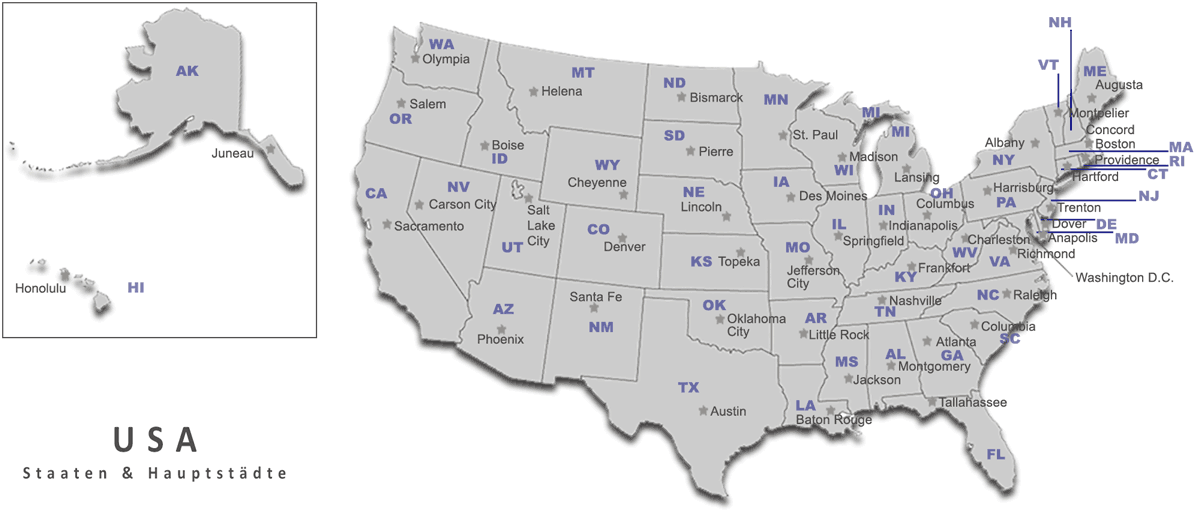 Karte mit allen Staaten und Hauptstädten der USA
