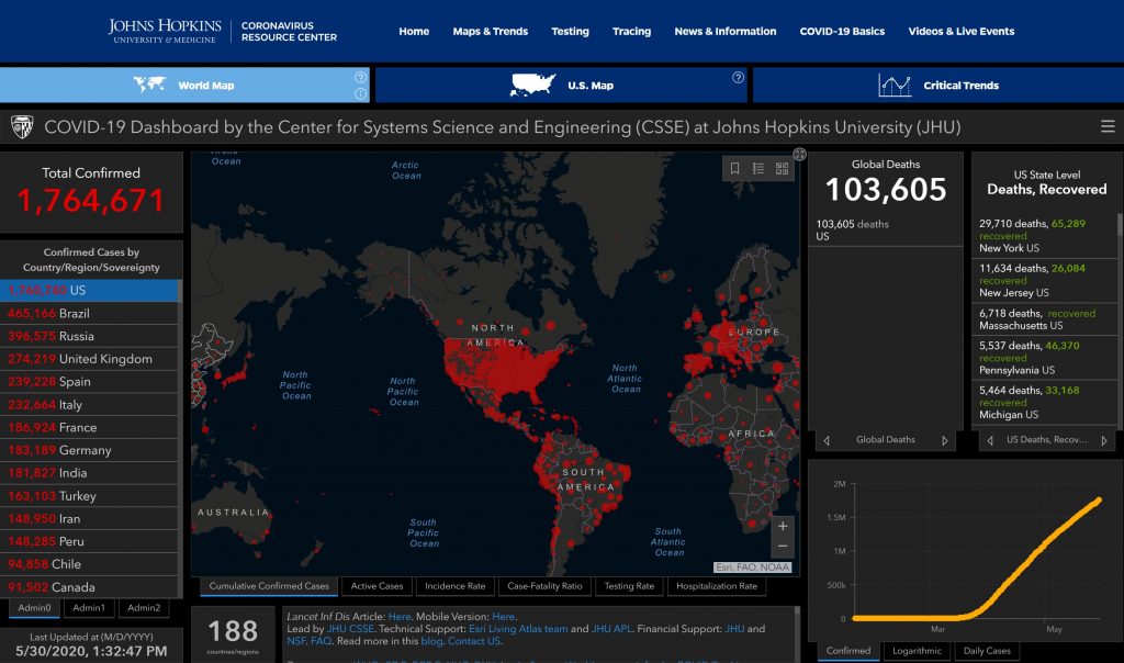 Coronavirus COVID-19 Statistik by Johns Hopkins University & Medicine 30. Mai 2020 [https://coronavirus.jhu.edu/map.html]